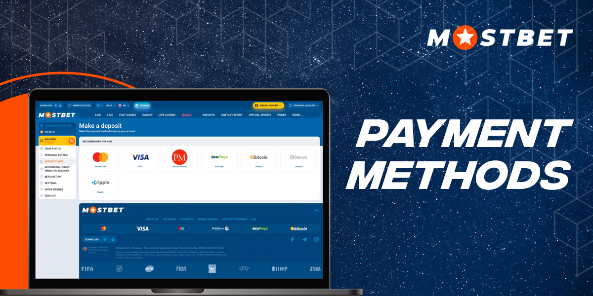 Payment methods for deposits and withdrawals from Mostbet
