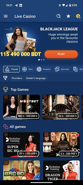 Open the Live Casino section